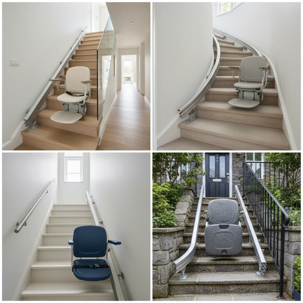 how stair lift installation works showing rail and chair setup on staircase in a residential home